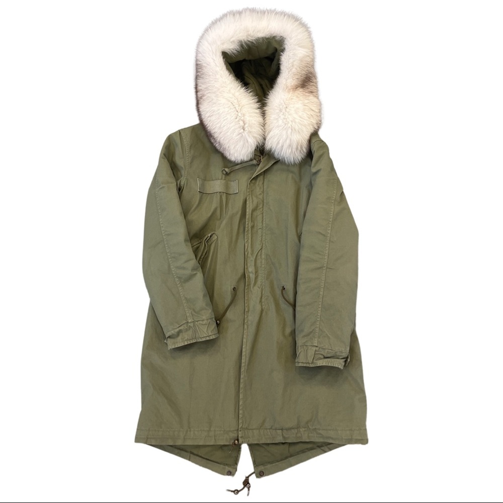Mr & Mrs Italy’s iconic army green coat w/ white fur trim and leather lining.